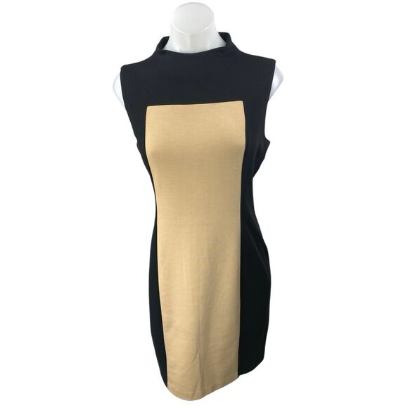 Calvin Klein Black Beige Tan Colorblock Sleeveless Mock Mini Sheath Dress Size S - Picture 1 of 5